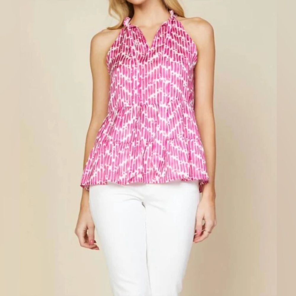 Skies Are Blue Pink Preppy Chevron Watercolor Halter Tiered Babydoll Tank Top